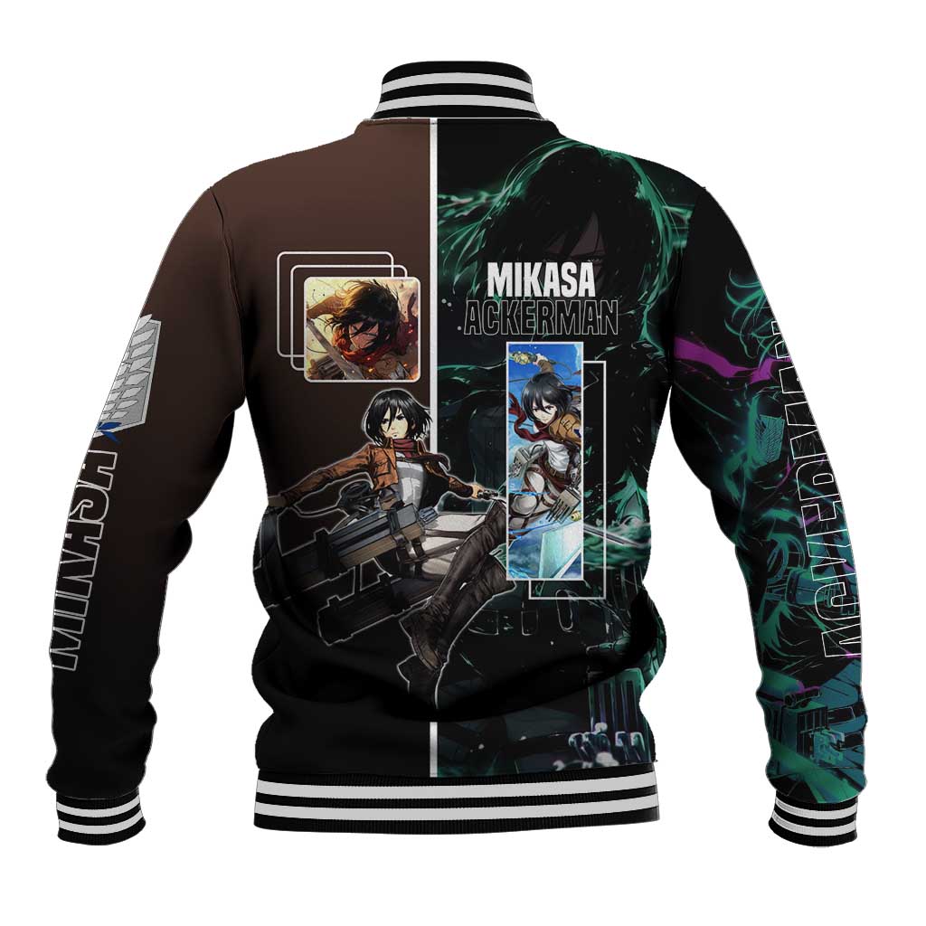 Mikasa Ackerman from Attack on Titan Baseball Jacket with Sword and Action Pose Design - The Mazicc
