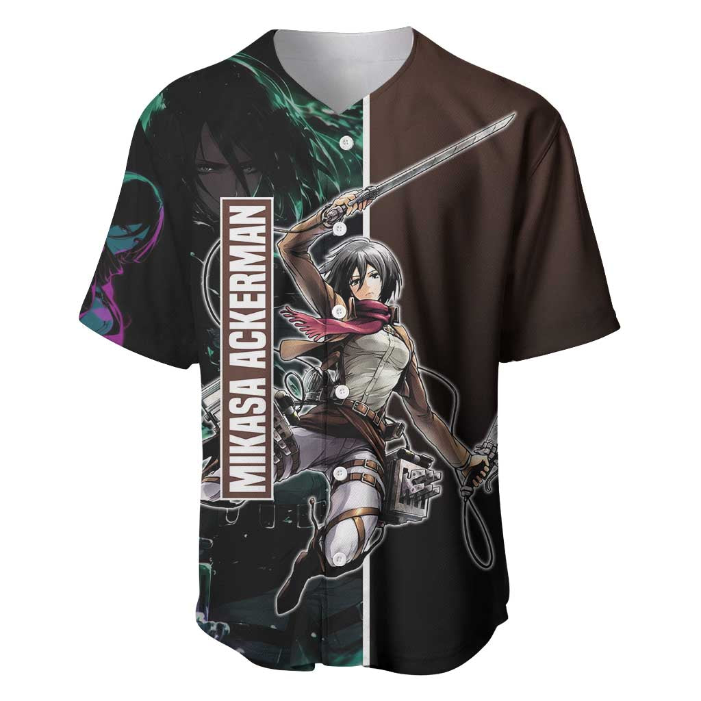 Mikasa Ackerman from Attack on Titan Baseball Jersey with Sword and Action Pose Design - The Mazicc
