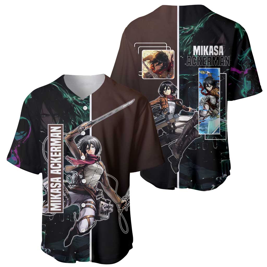 Mikasa Ackerman from Attack on Titan Baseball Jersey with Sword and Action Pose Design - The Mazicc