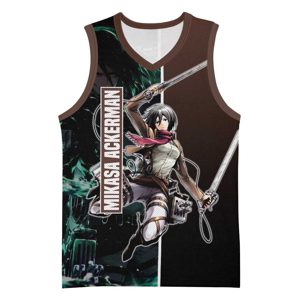 Mikasa Ackerman from Attack on Titan Basketball Jersey with Sword and Action Pose Design - The Mazicc