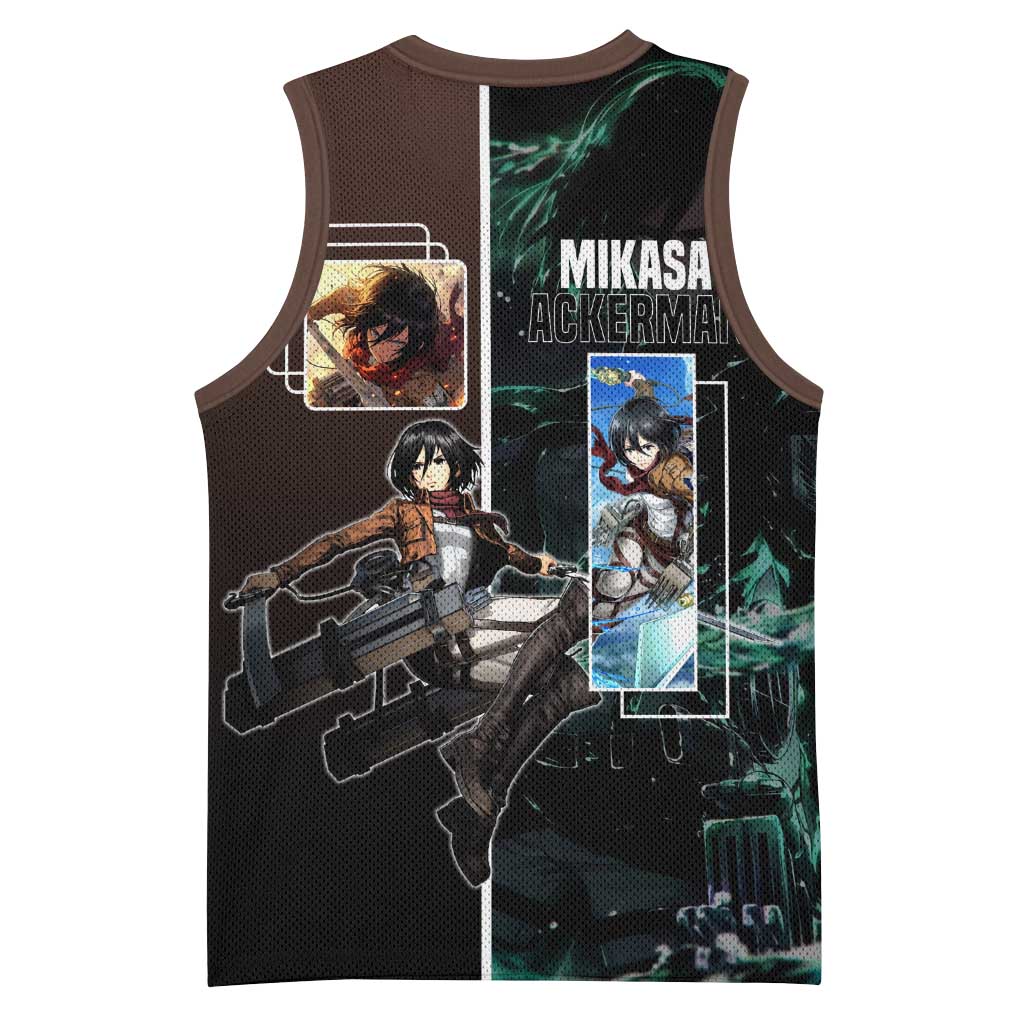 Mikasa Ackerman from Attack on Titan Basketball Jersey with Sword and Action Pose Design - The Mazicc