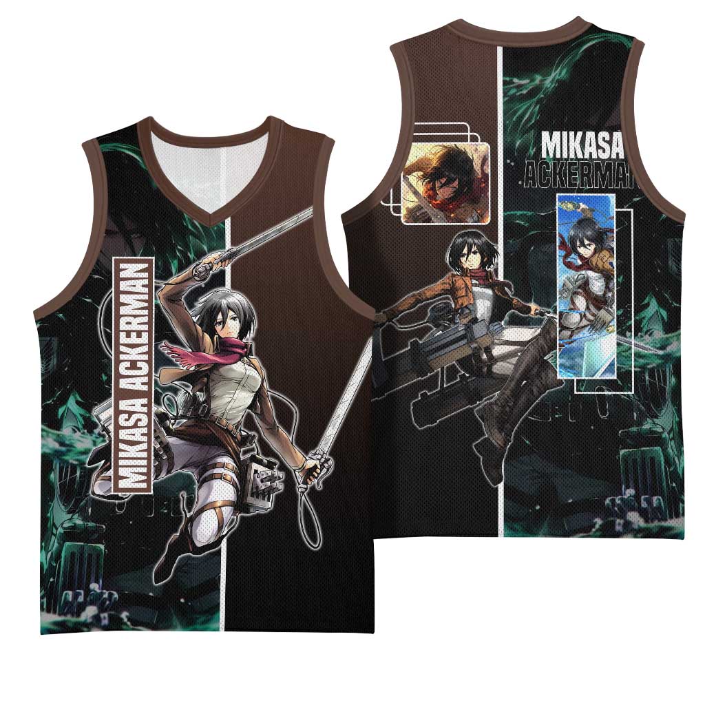 Mikasa Ackerman from Attack on Titan Basketball Jersey with Sword and Action Pose Design - The Mazicc