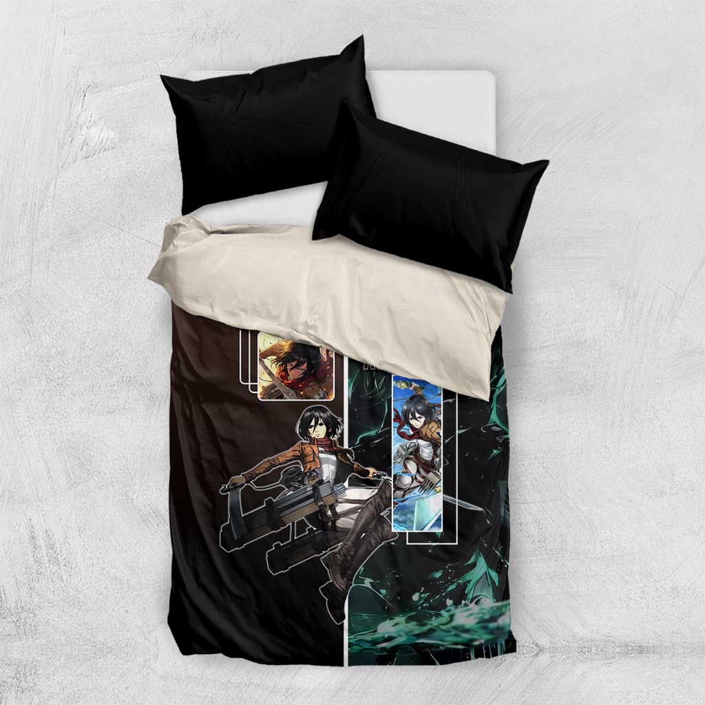 Mikasa Ackerman from Attack on Titan Bedding Set with Sword and Action Pose Design - The Mazicc