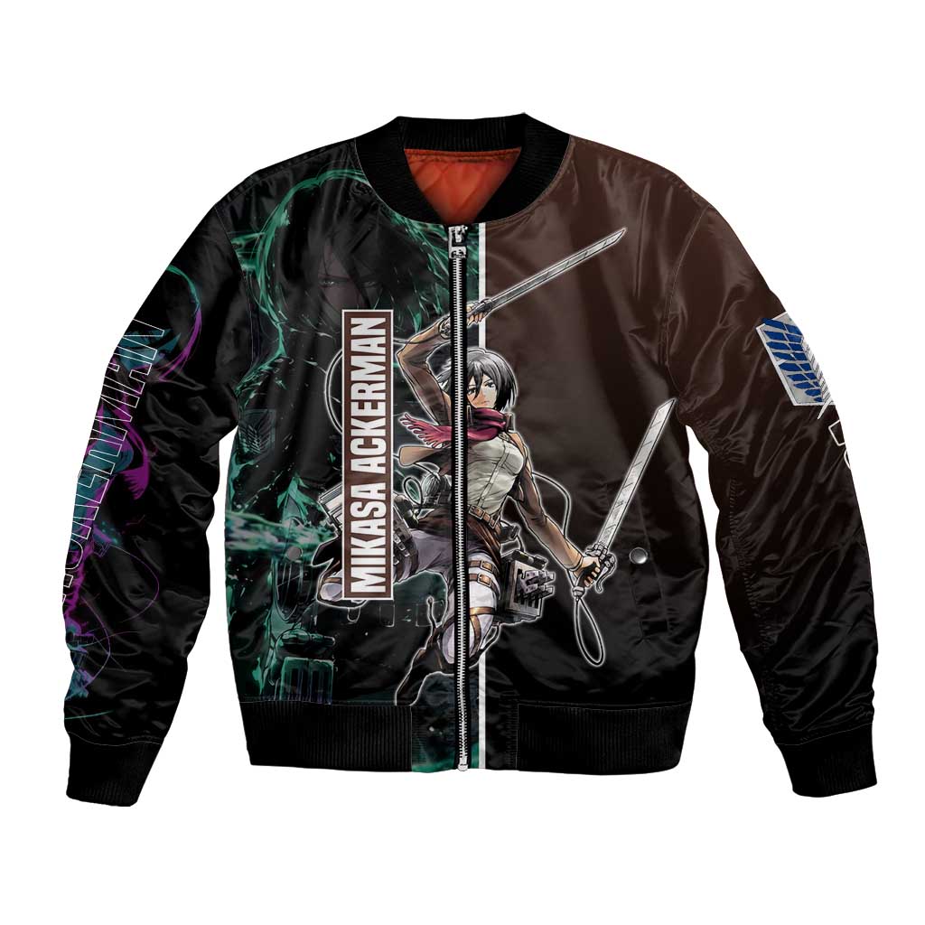 Mikasa Ackerman from Attack on Titan Bomber Jacket with Sword and Action Pose Design - The Mazicc