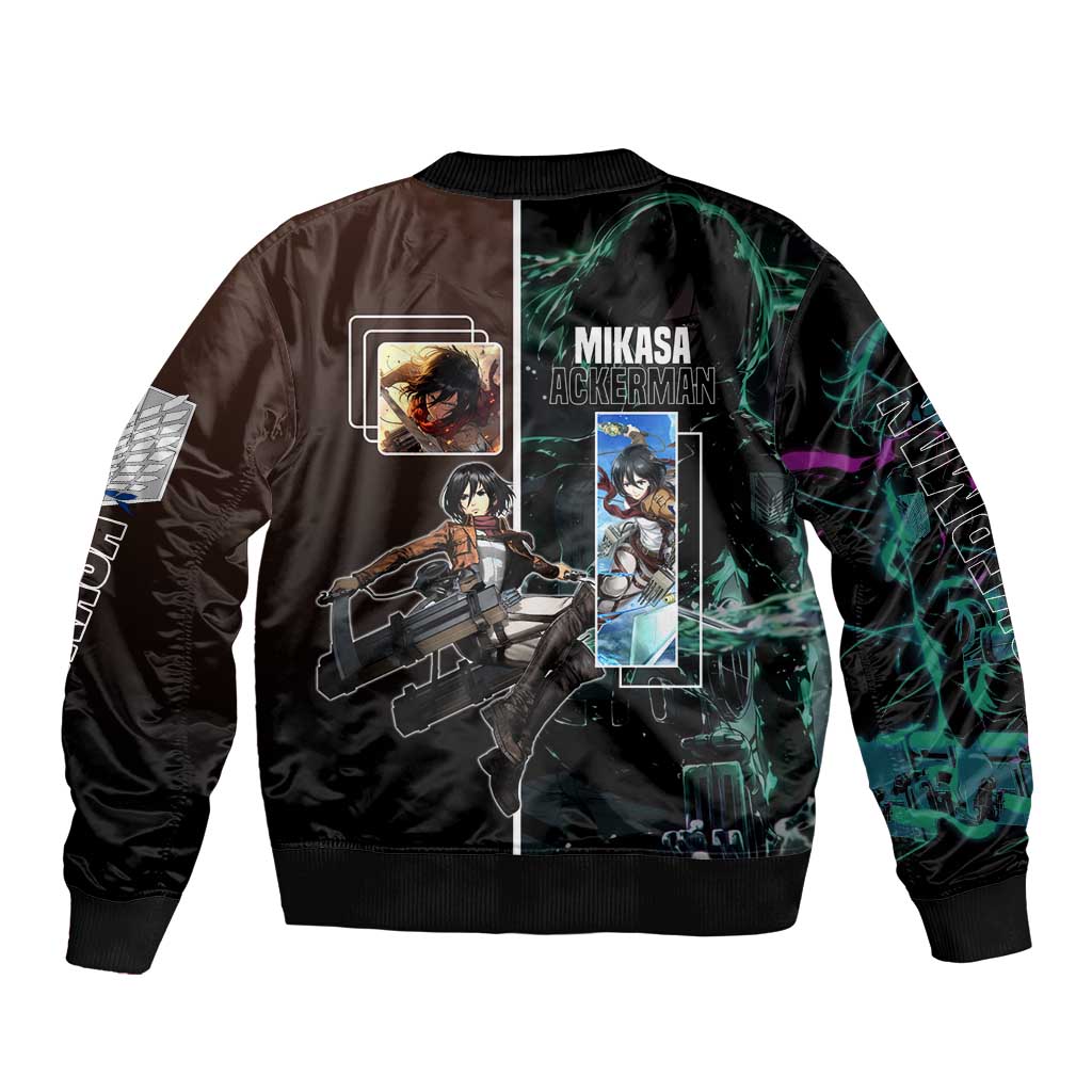 Mikasa Ackerman from Attack on Titan Bomber Jacket with Sword and Action Pose Design - The Mazicc