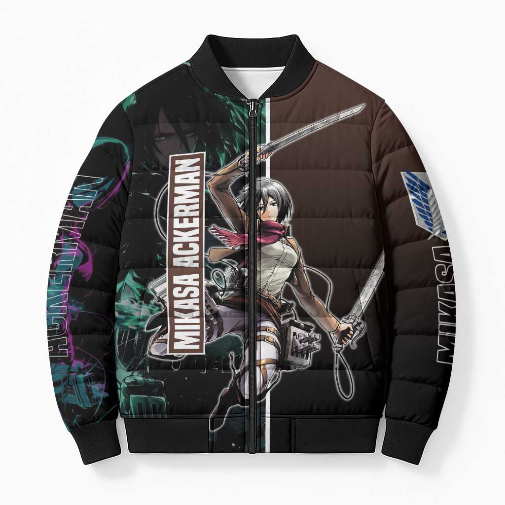 Mikasa Ackerman from Attack on Titan Bomber Puffer Jacket with Sword and Action Pose Design - The Mazicc