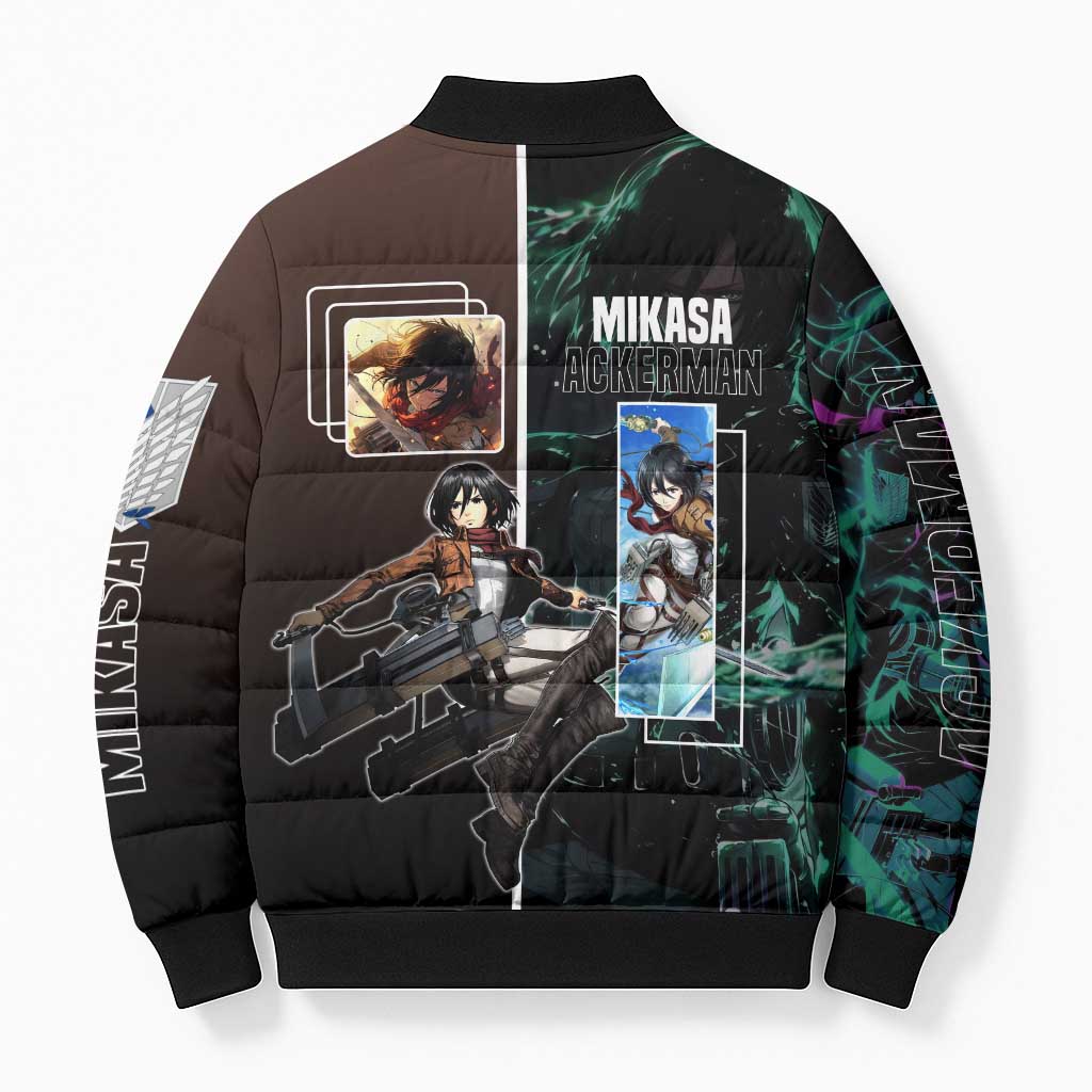 Mikasa Ackerman from Attack on Titan Bomber Puffer Jacket with Sword and Action Pose Design - The Mazicc