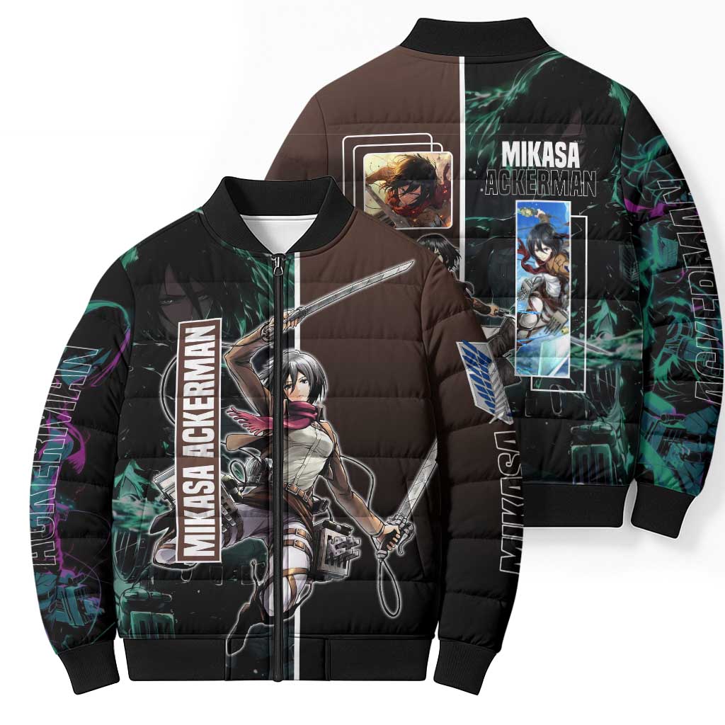 Mikasa Ackerman from Attack on Titan Bomber Puffer Jacket with Sword and Action Pose Design - The Mazicc