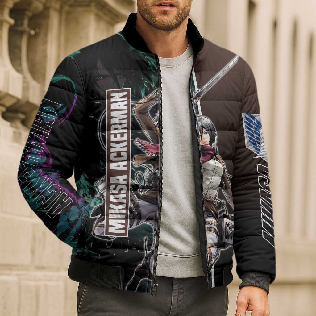 Mikasa Ackerman from Attack on Titan Bomber Puffer Jacket with Sword and Action Pose Design - The Mazicc