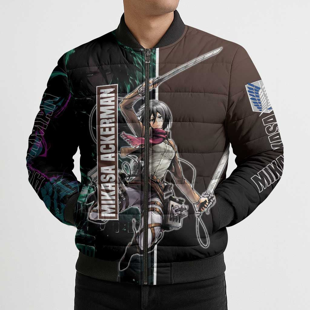 Mikasa Ackerman from Attack on Titan Bomber Puffer Jacket with Sword and Action Pose Design - The Mazicc