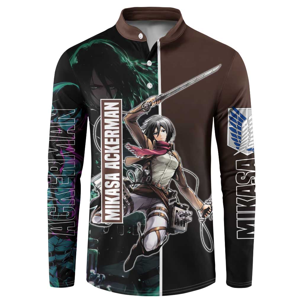 Mikasa Ackerman from Attack on Titan Button Sweatshirt with Sword and Action Pose Design - The Mazicc