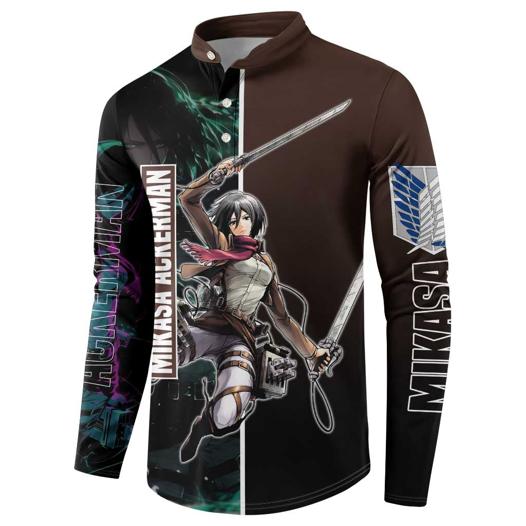Mikasa Ackerman from Attack on Titan Button Sweatshirt with Sword and Action Pose Design - The Mazicc