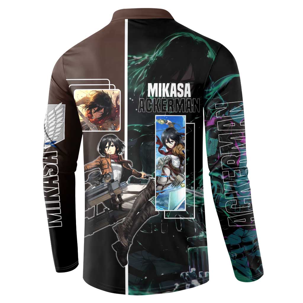 Mikasa Ackerman from Attack on Titan Button Sweatshirt with Sword and Action Pose Design - The Mazicc