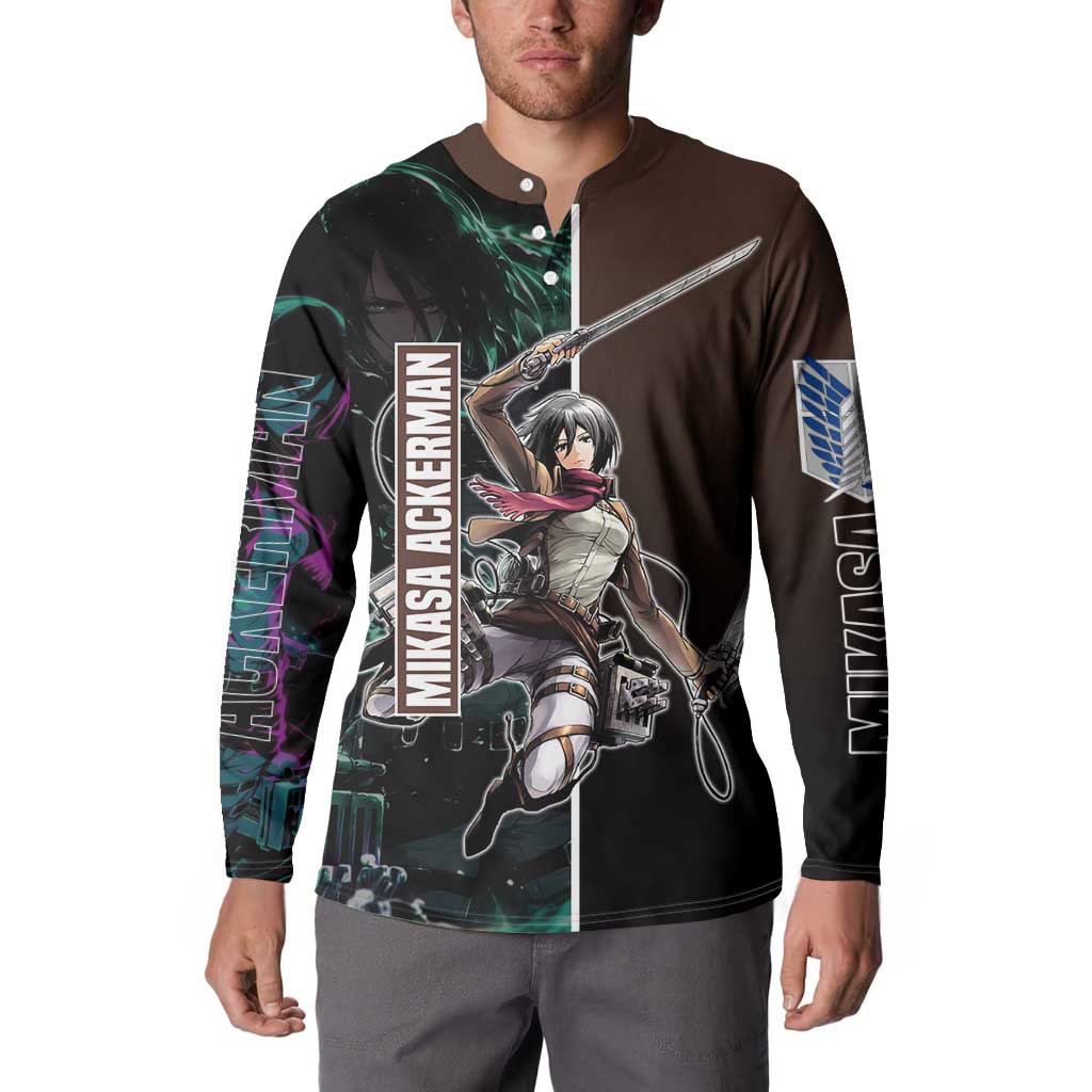 Mikasa Ackerman from Attack on Titan Button Sweatshirt with Sword and Action Pose Design - The Mazicc
