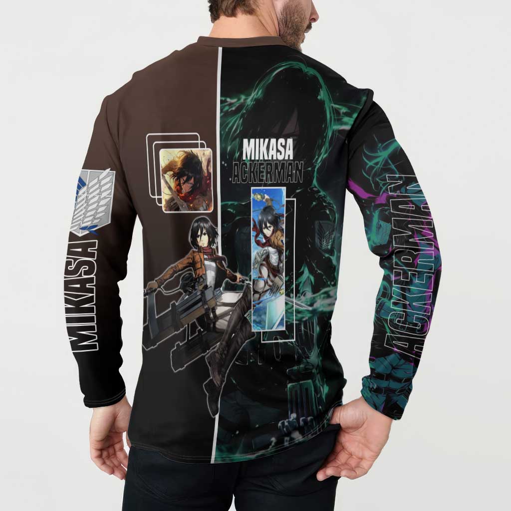 Mikasa Ackerman from Attack on Titan Button Sweatshirt with Sword and Action Pose Design - The Mazicc