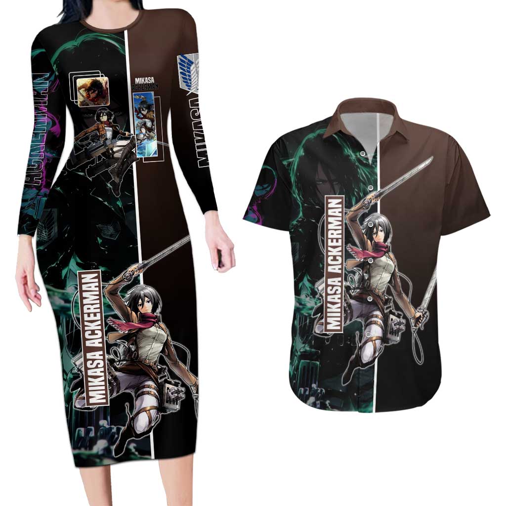 Mikasa Ackerman from Attack on Titan Couples Matching Long Sleeve Bodycon Dress and Hawaiian Shirt with Sword and Action Pose Design - The Mazicc