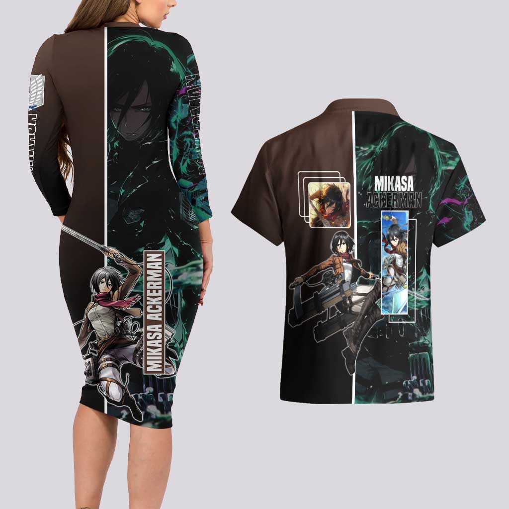 Mikasa Ackerman from Attack on Titan Couples Matching Long Sleeve Bodycon Dress and Hawaiian Shirt with Sword and Action Pose Design - The Mazicc