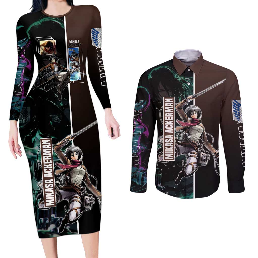 Mikasa Ackerman from Attack on Titan Couples Matching Long Sleeve Bodycon Dress and Long Sleeve Button Shirt with Sword and Action Pose Design - The Mazicc