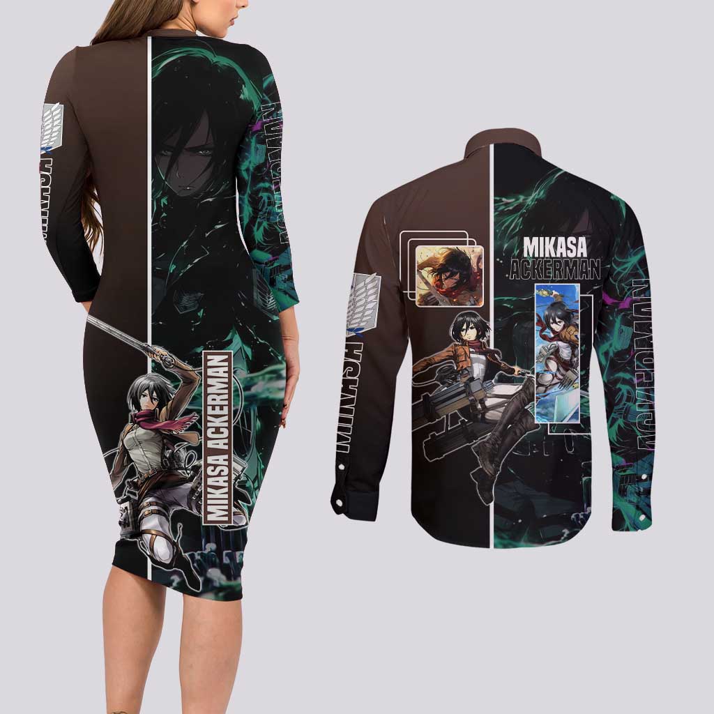 Mikasa Ackerman from Attack on Titan Couples Matching Long Sleeve Bodycon Dress and Long Sleeve Button Shirt with Sword and Action Pose Design - The Mazicc