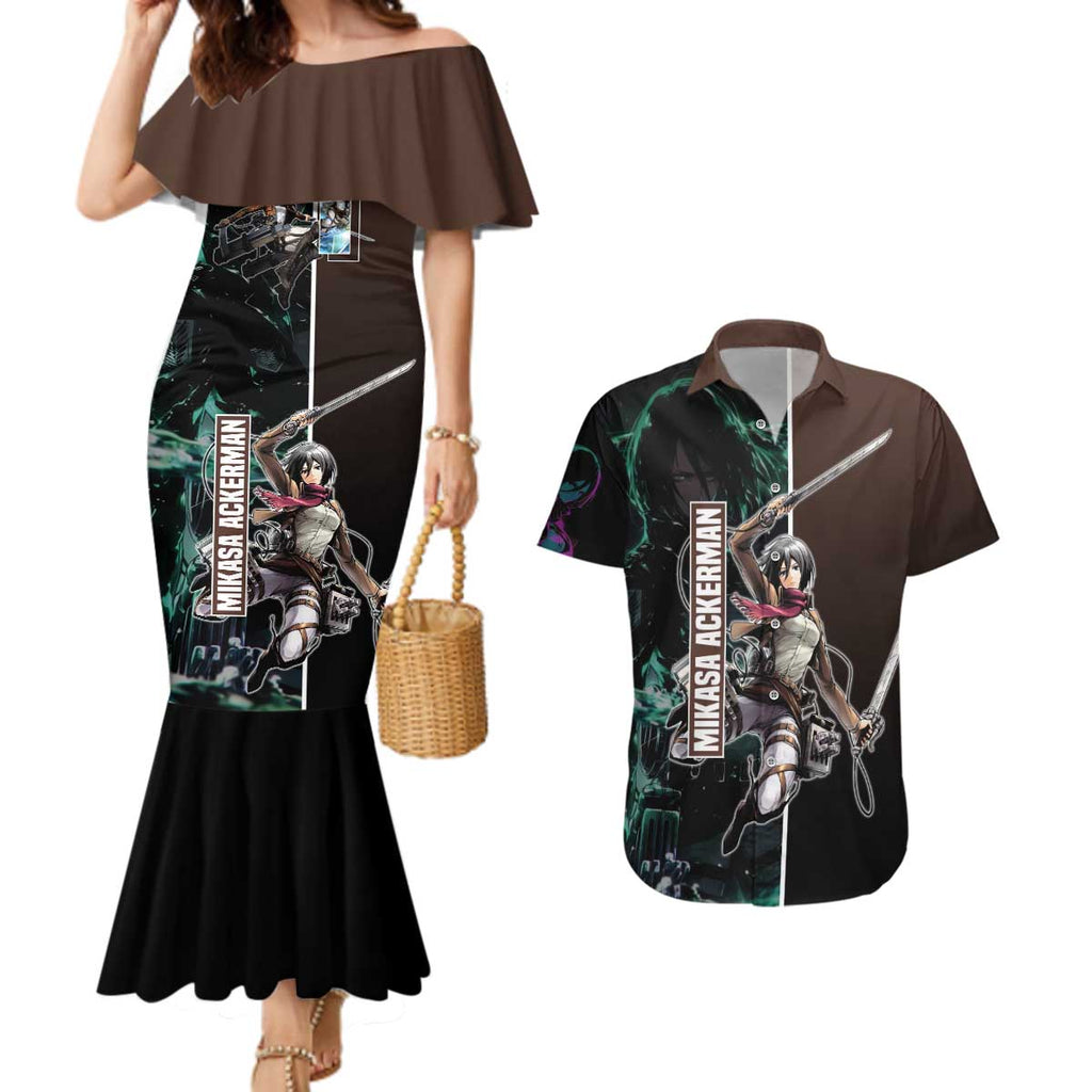 Mikasa Ackerman from Attack on Titan Couples Matching Mermaid Dress and Hawaiian Shirt with Sword and Action Pose Design - The Mazicc