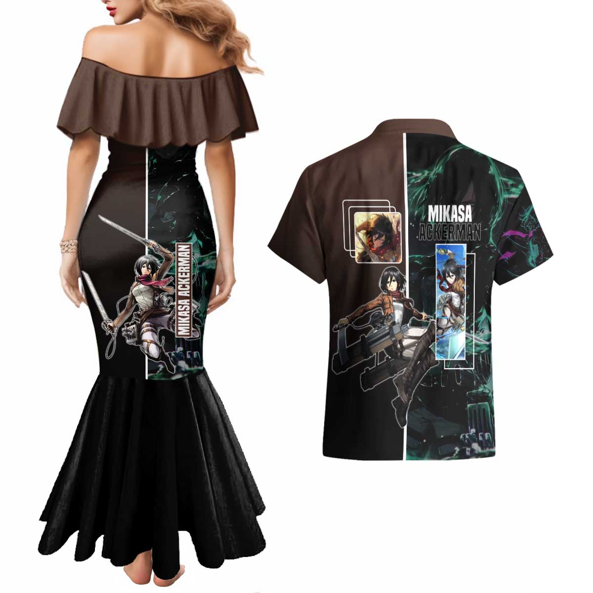 Mikasa Ackerman from Attack on Titan Couples Matching Mermaid Dress and Hawaiian Shirt with Sword and Action Pose Design - The Mazicc