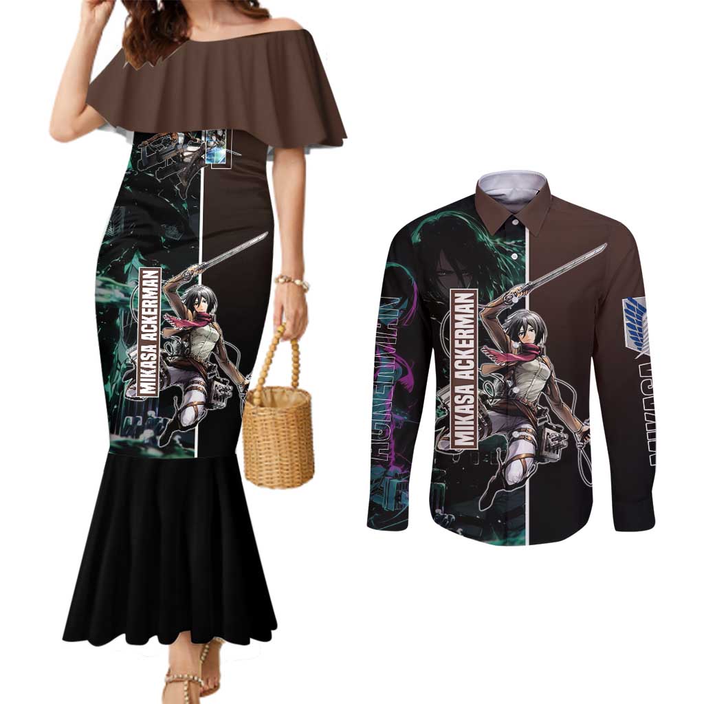 Mikasa Ackerman from Attack on Titan Couples Matching Mermaid Dress and Long Sleeve Button Shirt with Sword and Action Pose Design - The Mazicc