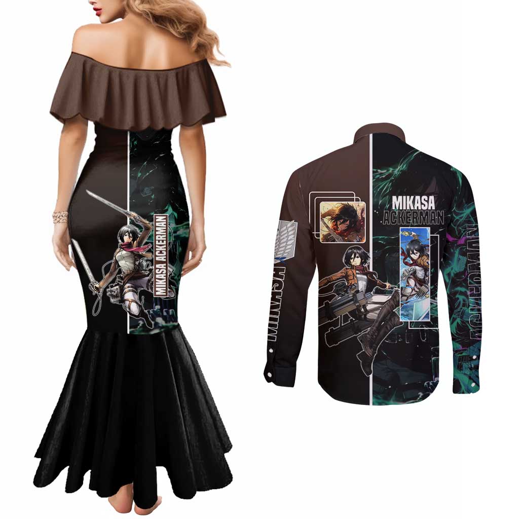 Mikasa Ackerman from Attack on Titan Couples Matching Mermaid Dress and Long Sleeve Button Shirt with Sword and Action Pose Design - The Mazicc
