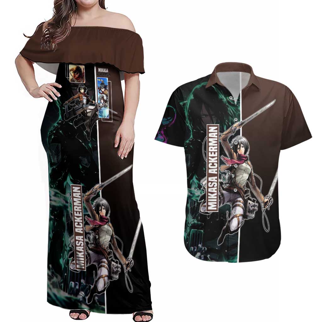 Mikasa Ackerman from Attack on Titan Couples Matching Off Shoulder Maxi Dress and Hawaiian Shirt with Sword and Action Pose Design - The Mazicc