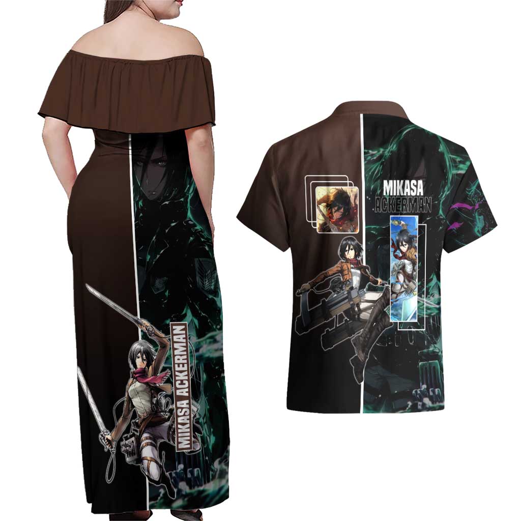 Mikasa Ackerman from Attack on Titan Couples Matching Off Shoulder Maxi Dress and Hawaiian Shirt with Sword and Action Pose Design - The Mazicc