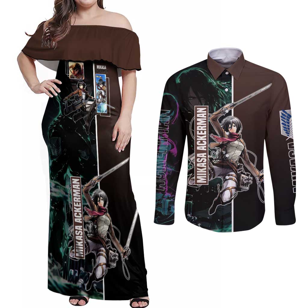 Mikasa Ackerman from Attack on Titan Couples Matching Off Shoulder Maxi Dress and Long Sleeve Button Shirt with Sword and Action Pose Design - The Mazicc