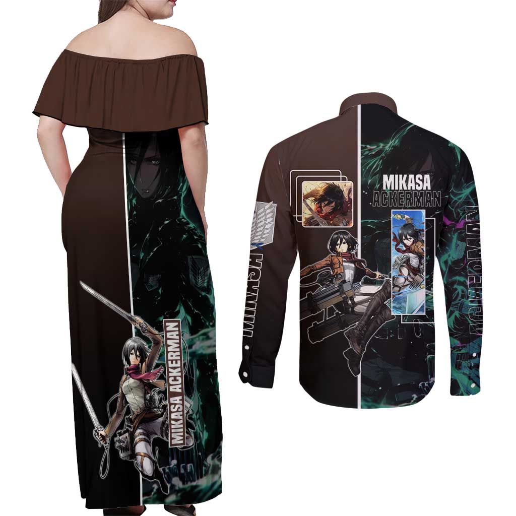 Mikasa Ackerman from Attack on Titan Couples Matching Off Shoulder Maxi Dress and Long Sleeve Button Shirt with Sword and Action Pose Design - The Mazicc