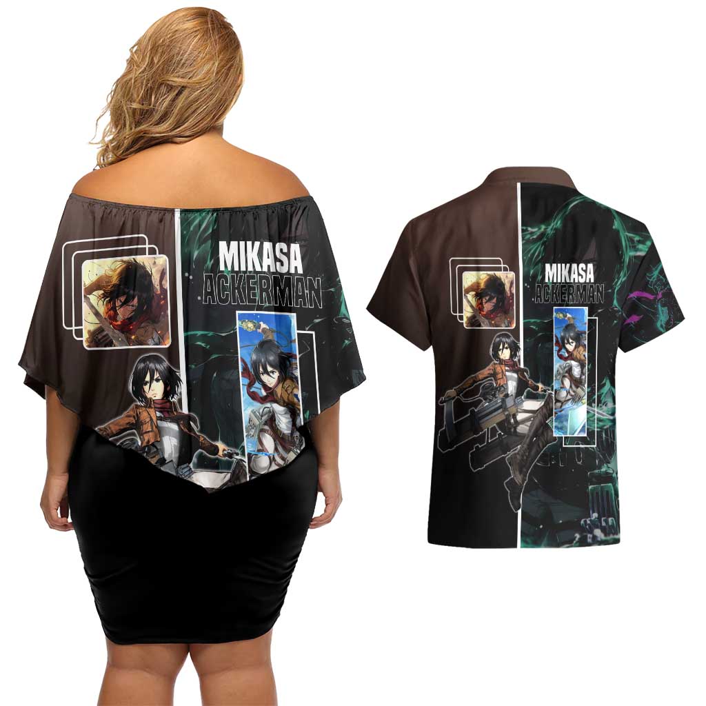 Mikasa Ackerman from Attack on Titan Couples Matching Off Shoulder Short Dress and Hawaiian Shirt with Sword and Action Pose Design - The Mazicc
