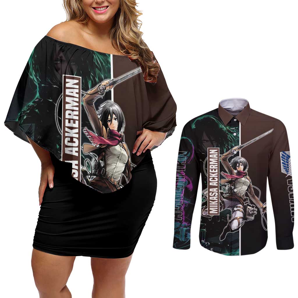 Mikasa Ackerman from Attack on Titan Couples Matching Off Shoulder Short Dress and Long Sleeve Button Shirt with Sword and Action Pose Design - The Mazicc