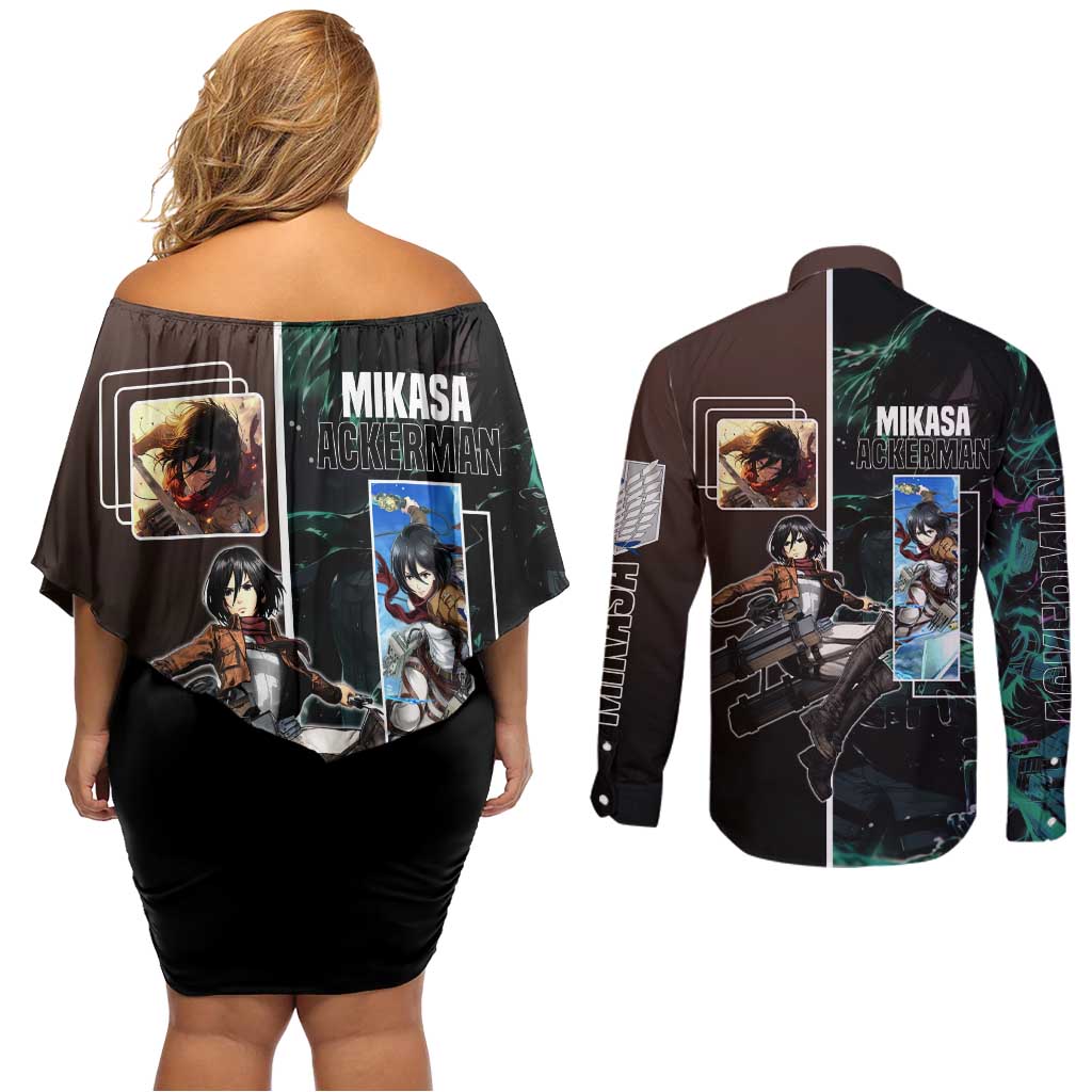 Mikasa Ackerman from Attack on Titan Couples Matching Off Shoulder Short Dress and Long Sleeve Button Shirt with Sword and Action Pose Design - The Mazicc
