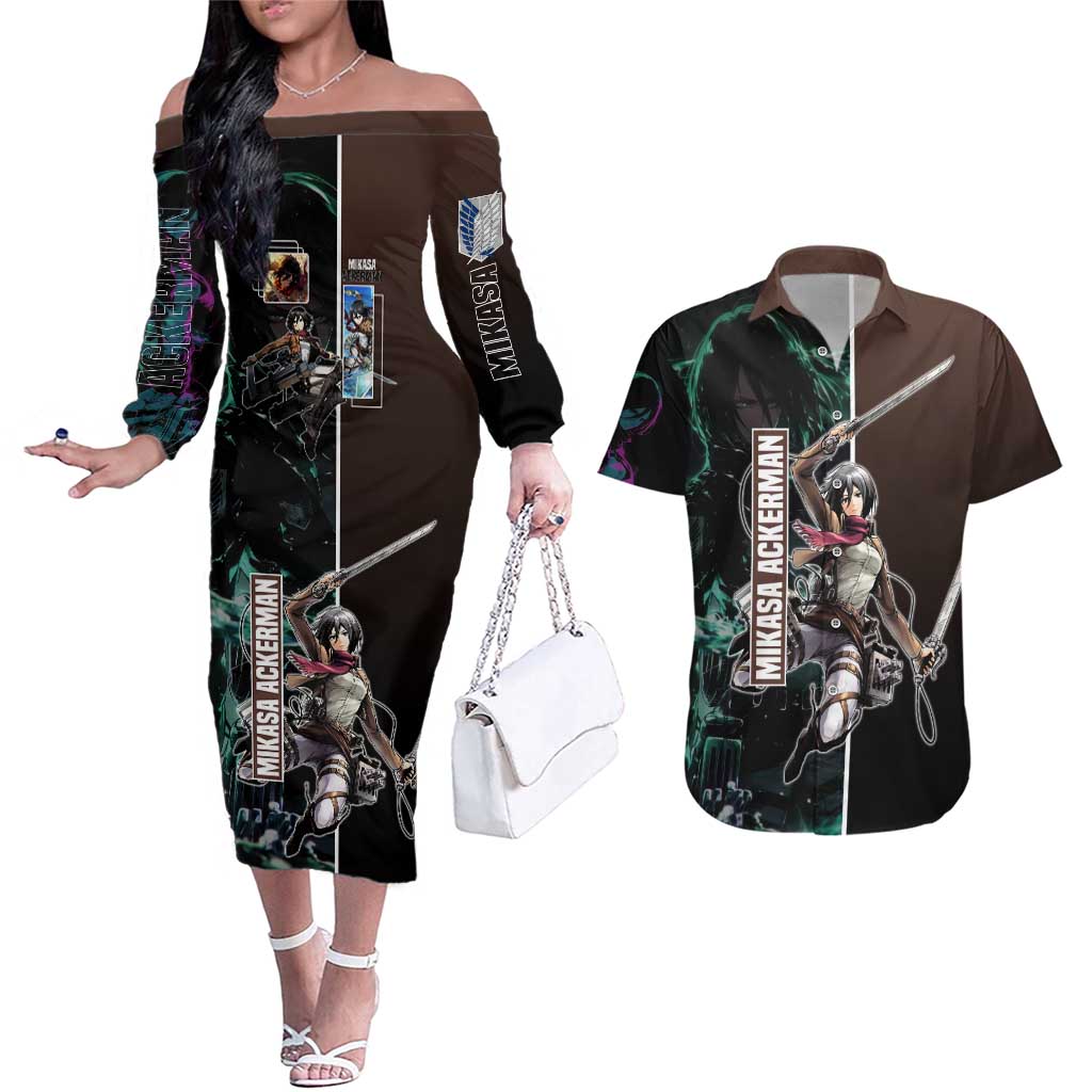 Mikasa Ackerman from Attack on Titan Couples Matching Off The Shoulder Long Sleeve Dress and Hawaiian Shirt with Sword and Action Pose Design - The Mazicc