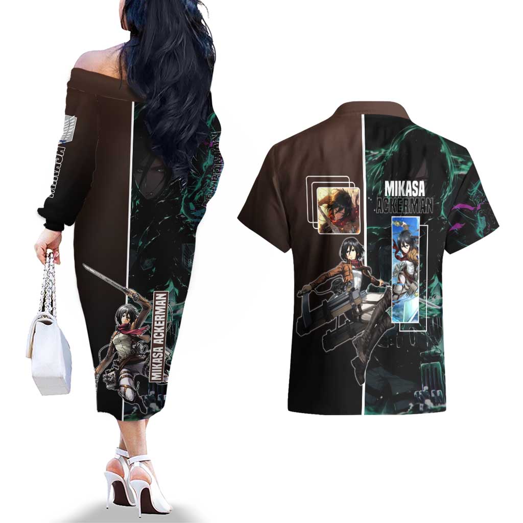 Mikasa Ackerman from Attack on Titan Couples Matching Off The Shoulder Long Sleeve Dress and Hawaiian Shirt with Sword and Action Pose Design - The Mazicc