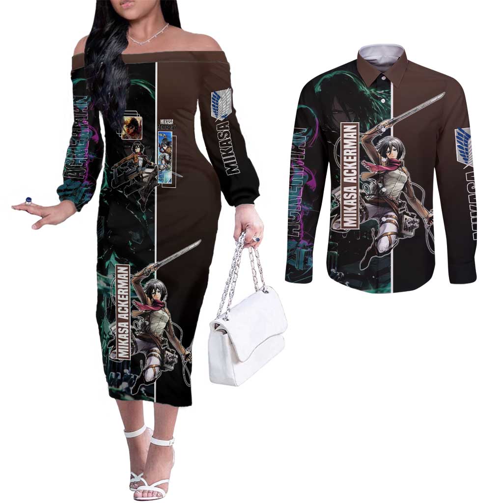 Mikasa Ackerman from Attack on Titan Couples Matching Off The Shoulder Long Sleeve Dress and Long Sleeve Button Shirt with Sword and Action Pose Design - The Mazicc