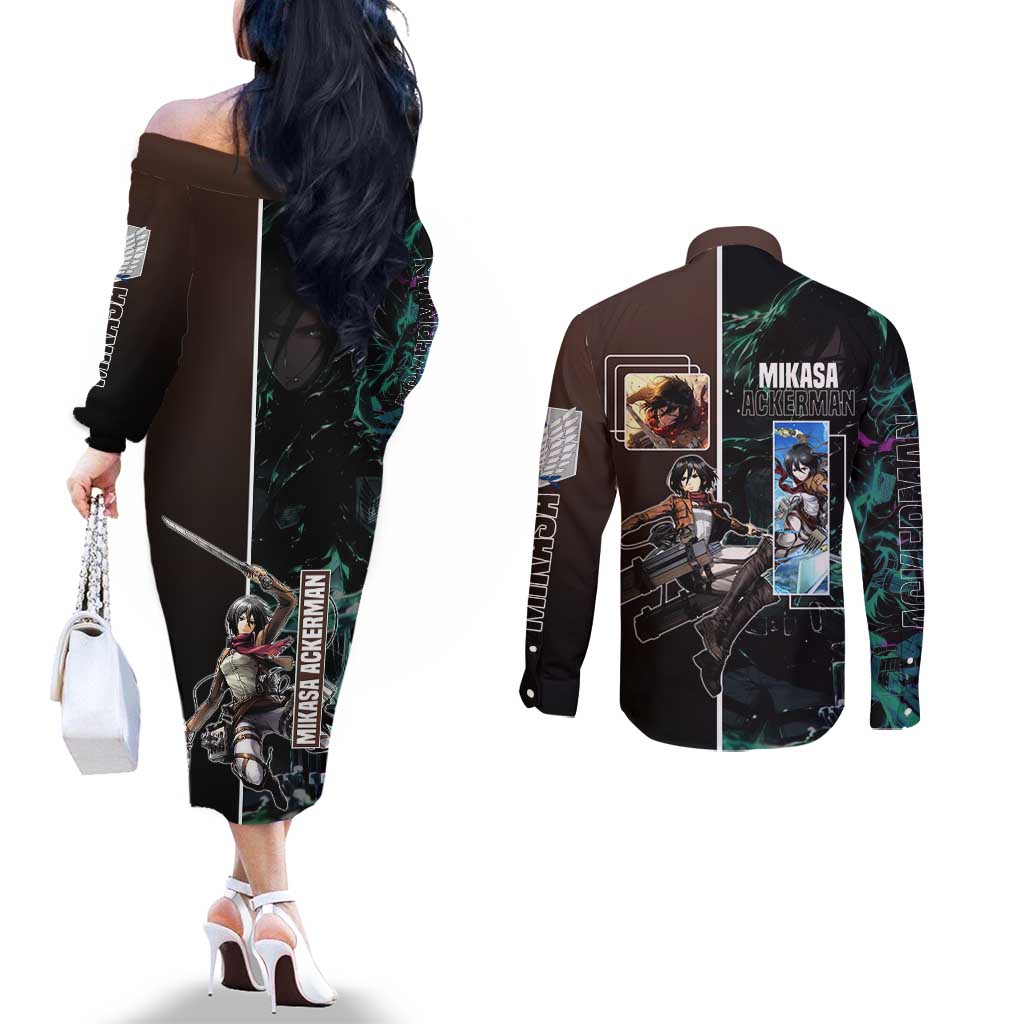 Mikasa Ackerman from Attack on Titan Couples Matching Off The Shoulder Long Sleeve Dress and Long Sleeve Button Shirt with Sword and Action Pose Design - The Mazicc