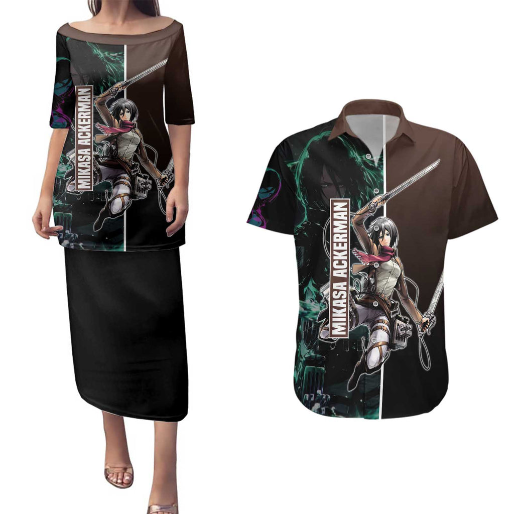 Mikasa Ackerman from Attack on Titan Couples Matching Puletasi and Hawaiian Shirt with Sword and Action Pose Design - The Mazicc