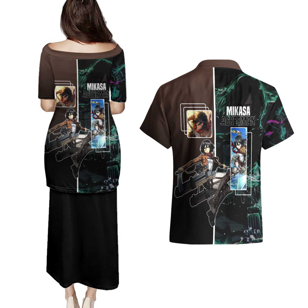 Mikasa Ackerman from Attack on Titan Couples Matching Puletasi and Hawaiian Shirt with Sword and Action Pose Design - The Mazicc