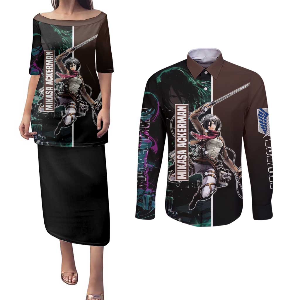 Mikasa Ackerman from Attack on Titan Couples Matching Puletasi and Long Sleeve Button Shirt with Sword and Action Pose Design - The Mazicc