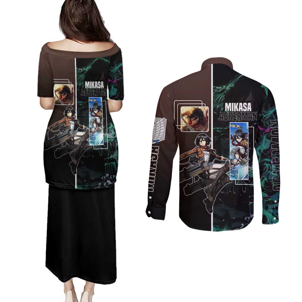 Mikasa Ackerman from Attack on Titan Couples Matching Puletasi and Long Sleeve Button Shirt with Sword and Action Pose Design - The Mazicc