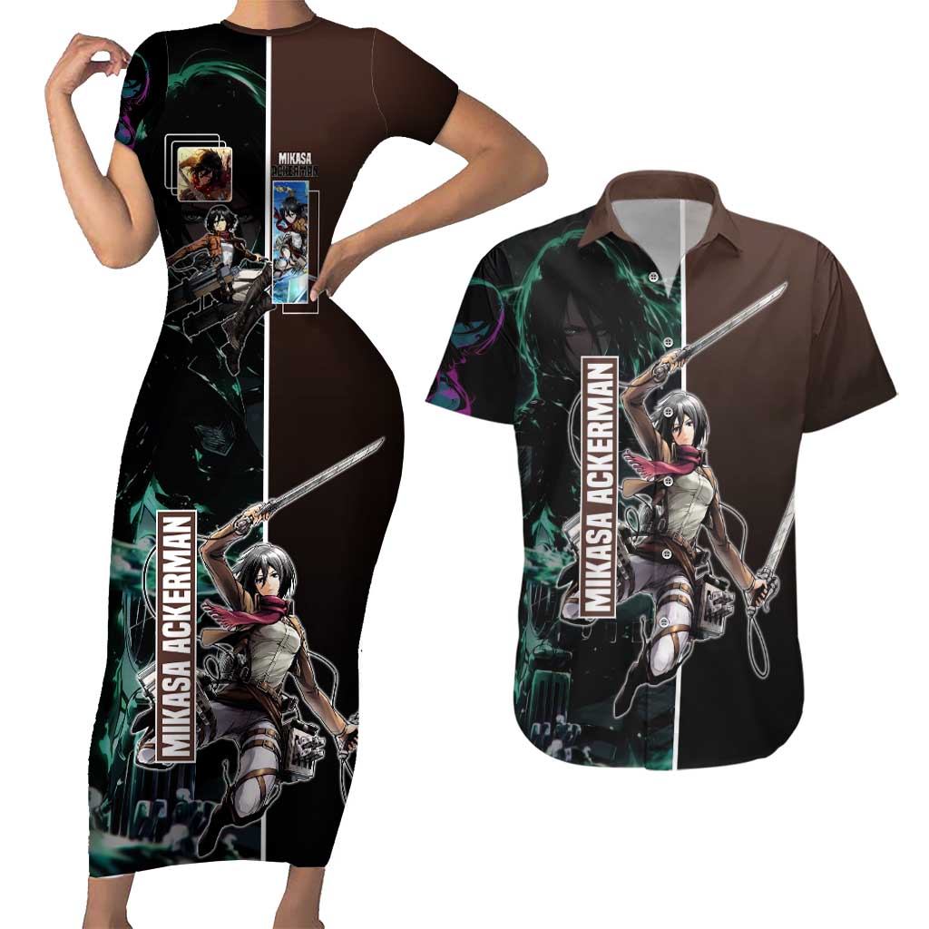 Mikasa Ackerman from Attack on Titan Couples Matching Short Sleeve Bodycon Dress and Hawaiian Shirt with Sword and Action Pose Design - The Mazicc