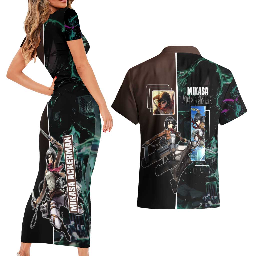 Mikasa Ackerman from Attack on Titan Couples Matching Short Sleeve Bodycon Dress and Hawaiian Shirt with Sword and Action Pose Design - The Mazicc