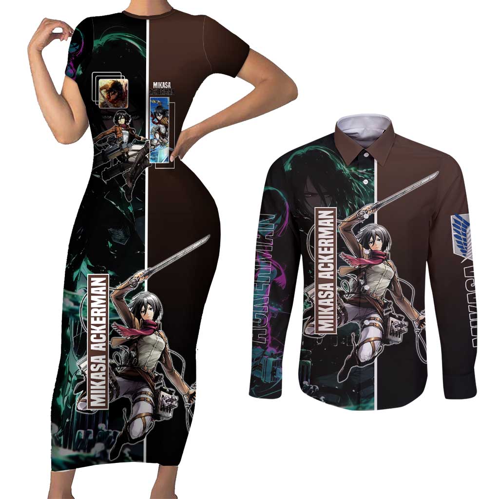 Mikasa Ackerman from Attack on Titan Couples Matching Short Sleeve Bodycon Dress and Long Sleeve Button Shirt with Sword and Action Pose Design - The Mazicc