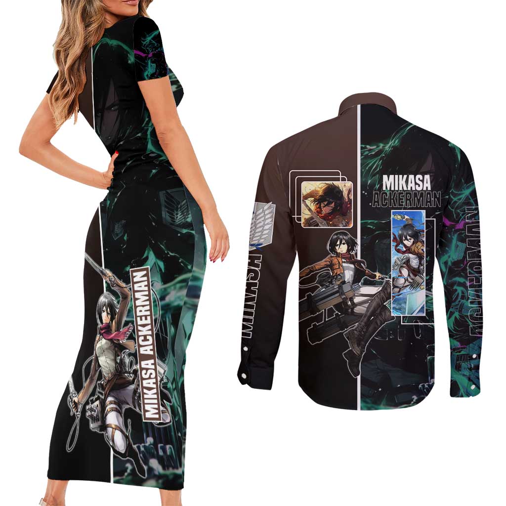 Mikasa Ackerman from Attack on Titan Couples Matching Short Sleeve Bodycon Dress and Long Sleeve Button Shirt with Sword and Action Pose Design - The Mazicc
