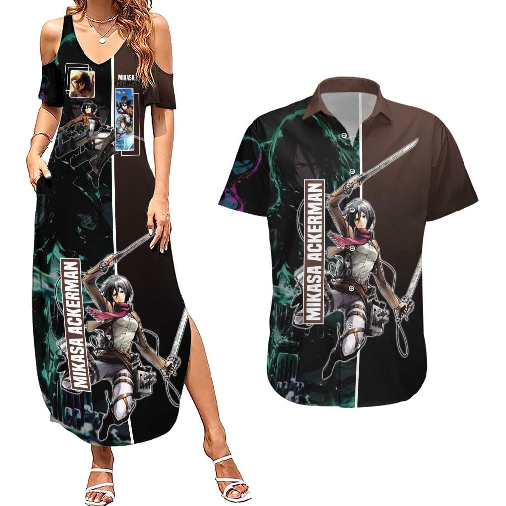 Mikasa Ackerman from Attack on Titan Couples Matching Summer Maxi Dress and Hawaiian Shirt with Sword and Action Pose Design - The Mazicc