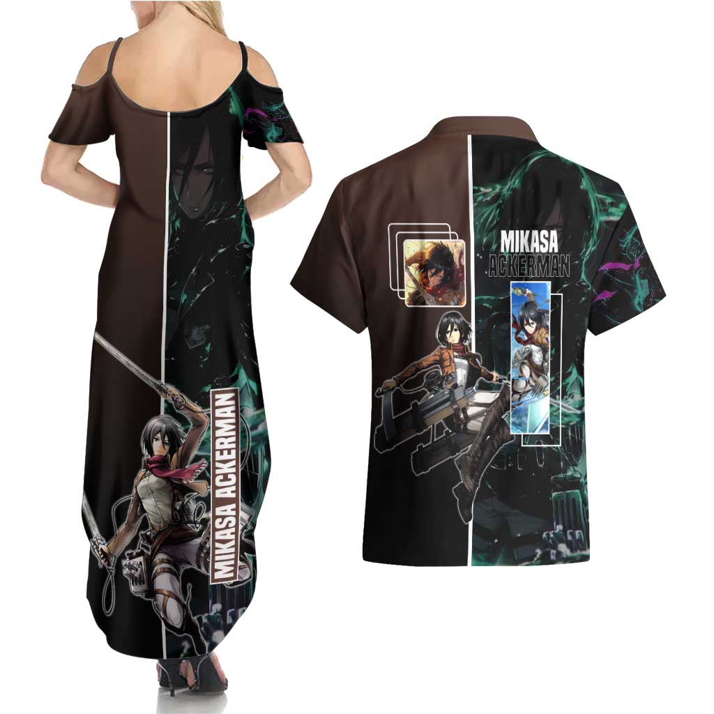 Mikasa Ackerman from Attack on Titan Couples Matching Summer Maxi Dress and Hawaiian Shirt with Sword and Action Pose Design - The Mazicc
