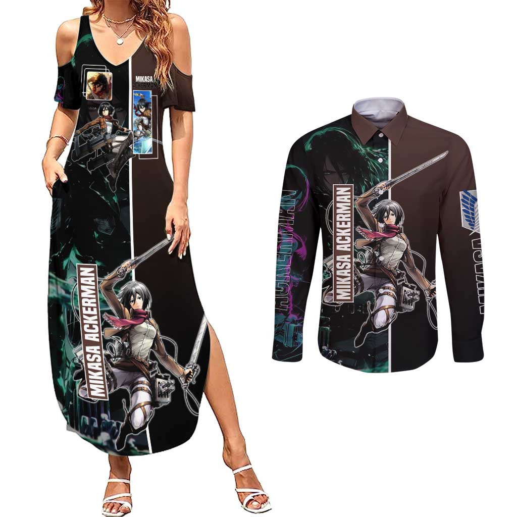 Mikasa Ackerman from Attack on Titan Couples Matching Summer Maxi Dress and Long Sleeve Button Shirt with Sword and Action Pose Design - The Mazicc