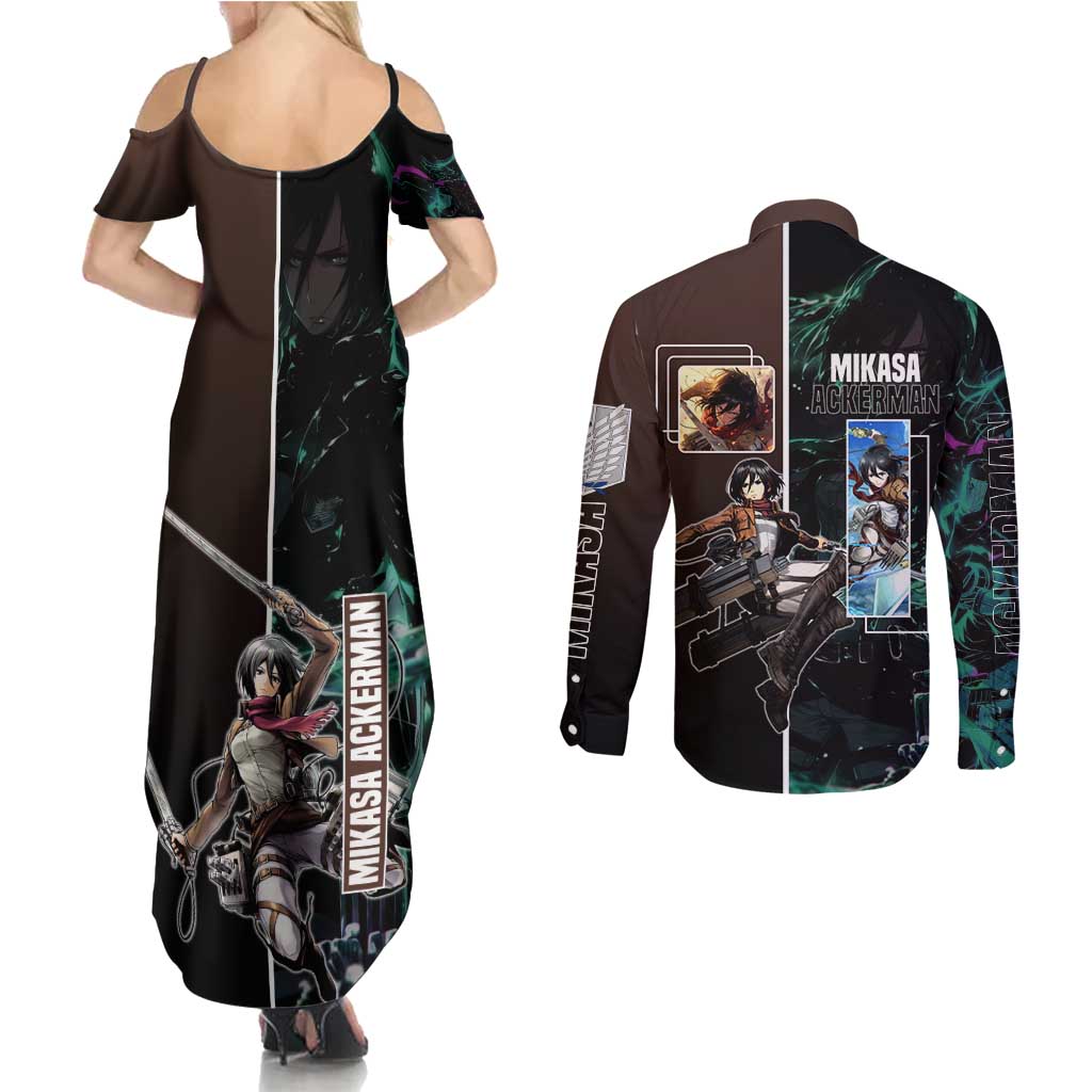 Mikasa Ackerman from Attack on Titan Couples Matching Summer Maxi Dress and Long Sleeve Button Shirt with Sword and Action Pose Design - The Mazicc